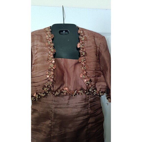 Victor Costa 2-Piece Sheath Dress  Jacket Sz 4 Brown  Shimmer Beaded Semi Formal - Picture 9 of 11